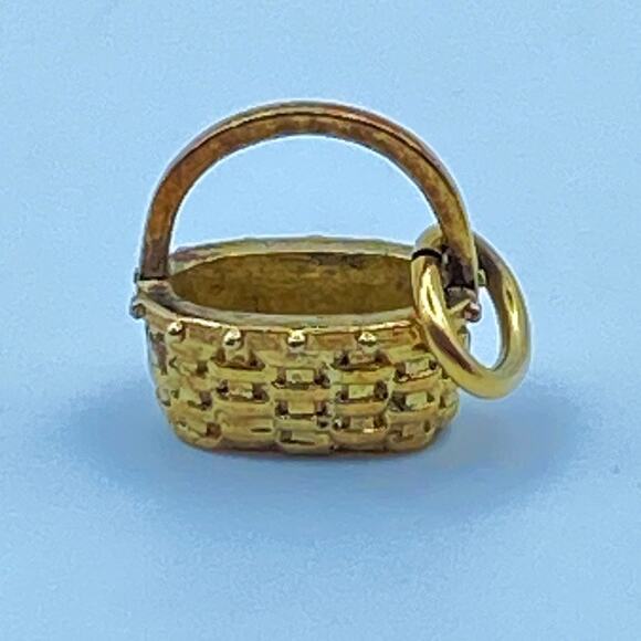 Vintage BASKET CHARM Vermeil 14k gold Over Sterling Silver Dimensional Textured - Picture 2 of 7